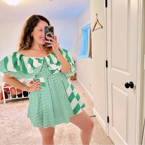 NWT HAVEONE Green White Stripe Cotton Mini Dress Medium - Picture 1 of 14